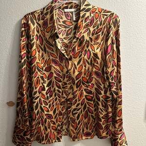 Classiques Entier Silk Blend Multicolor Abstract Leaf Print Button Up Blouse Siz